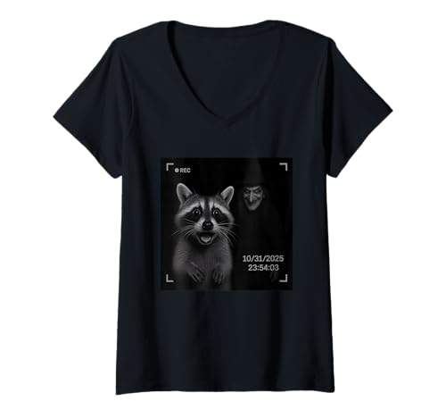 Damen Funny Raccoon On Security Camera with Witch Halloween T-Shirt mit V-Ausschnitt Damen Funny Raccoon On Security Camera with Witch Halloween T-Shirt mit V-Ausschnitt von Funny Raccoon On Security Camera Witch Halloween