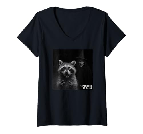 Damen Funny Raccoon On Security Camera with Witch Halloween T-Shirt mit V-Ausschnitt Damen Funny Raccoon On Security Camera with Witch Halloween T-Shirt mit V-Ausschnitt von Funny Raccoon On Security Camera Witch Halloween