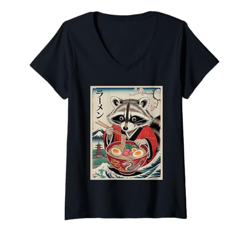 Damen Lustiger Waschbär isst Ramen Japanische Nudeln Anime Japan T-Shirt mit V-Ausschnitt von Funny Raccoon Ramen Gifts Apparel
