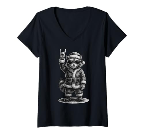 Damen Waschbär Rock Musik Weihnachten Tierliebhaber T-Shirt mit V-Ausschnitt Damen Waschbär Rock Musik Weihnachten Tierliebhaber T-Shirt mit V-Ausschnitt von Funny Raccoon Rock And Roll Animal Designs