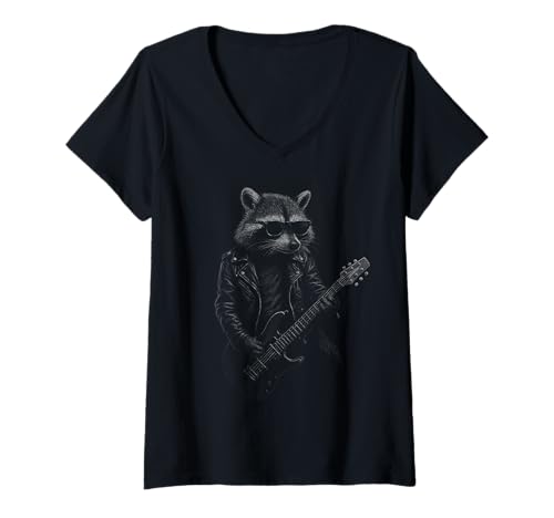 Damen Waschbär spielt Gitarre Rockmusik Tierliebhaber T-Shirt mit V-Ausschnitt Damen Waschbär spielt Gitarre Rockmusik Tierliebhaber T-Shirt mit V-Ausschnitt von Funny Raccoon Rock And Roll Animal Designs