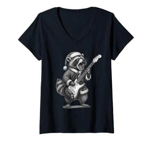 Damen Waschbär spielt Gitarre Weihnachten Tierliebhaber T-Shirt mit V-Ausschnitt Damen Waschbär spielt Gitarre Weihnachten Tierliebhaber T-Shirt mit V-Ausschnitt von Funny Raccoon Rock Music Animal Designs