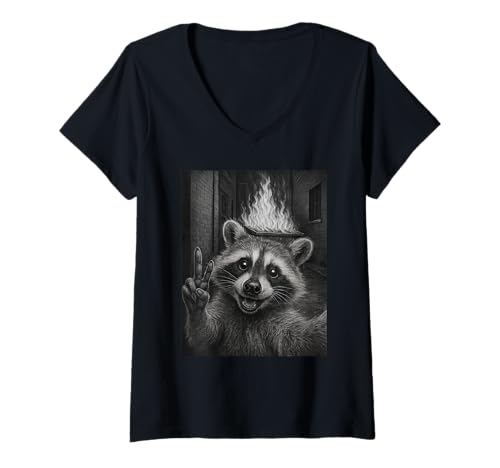 Damen Funny Raccoon Selfie with Dumpster Fire T-Shirt mit V-Ausschnitt Damen Funny Raccoon Selfie with Dumpster Fire T-Shirt mit V-Ausschnitt von Funny Raccoon Selfie Apparel
