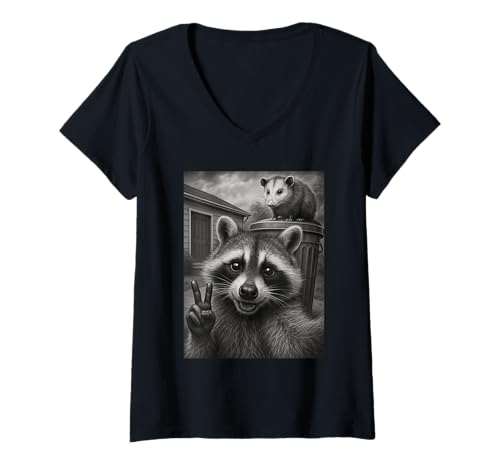 Damen Raccoon Selfie with Possum Trash Can Funny T-Shirt mit V-Ausschnitt Damen Raccoon Selfie with Possum Trash Can Funny T-Shirt mit V-Ausschnitt von Funny Raccoon Selfie Apparel