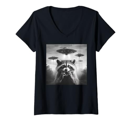 Damen Raccoon Selfie with Alien UFO Funny Raccoon T-Shirt mit V-Ausschnitt Damen Raccoon Selfie with Alien UFO Funny Raccoon T-Shirt mit V-Ausschnitt von Funny Raccoon Selfie Graphics Apparel