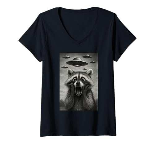 Damen Raccoon Selfie with Alien UFO Funny Raccoon T-Shirt mit V-Ausschnitt Damen Raccoon Selfie with Alien UFO Funny Raccoon T-Shirt mit V-Ausschnitt von Funny Raccoon Selfie Graphics Apparel