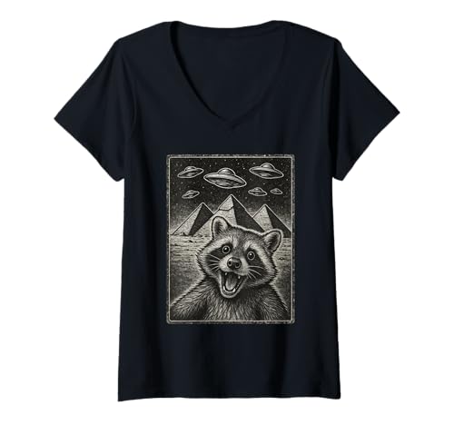 Damen Raccoon Selfie with Alien UFO Funny T-Shirt mit V-Ausschnitt Damen Raccoon Selfie with Alien UFO Funny T-Shirt mit V-Ausschnitt von Funny Raccoon Selfie Graphics Apparel