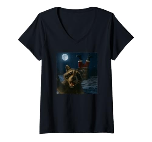 Damen Funny Raccoon Selfie with Santa in Chimney Christmas T-Shirt mit V-Ausschnitt Damen Funny Raccoon Selfie with Santa in Chimney Christmas T-Shirt mit V-Ausschnitt von Funny Raccoon Selfie with Santa Christmas