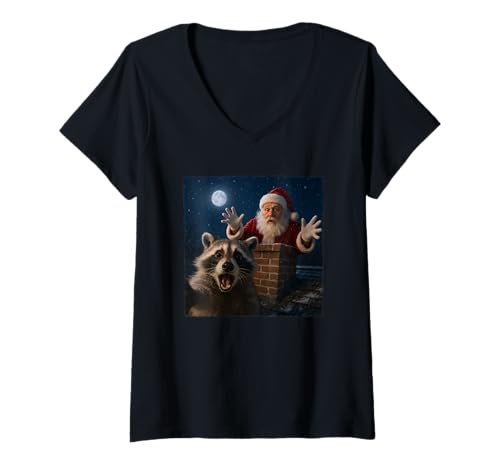 Damen Funny Raccoon Selfie with Santa in Chimney Christmas T-Shirt mit V-Ausschnitt Damen Funny Raccoon Selfie with Santa in Chimney Christmas T-Shirt mit V-Ausschnitt von Funny Raccoon Selfie with Santa Christmas