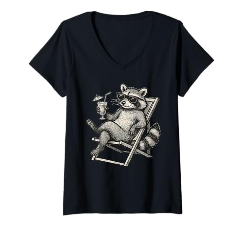 Damen Funny Raccoon Sunglasses Beach Chair T-Shirt mit V-Ausschnitt Damen Funny Raccoon Sunglasses Beach Chair T-Shirt mit V-Ausschnitt von Funny Raccoon Sunglasses Apparel