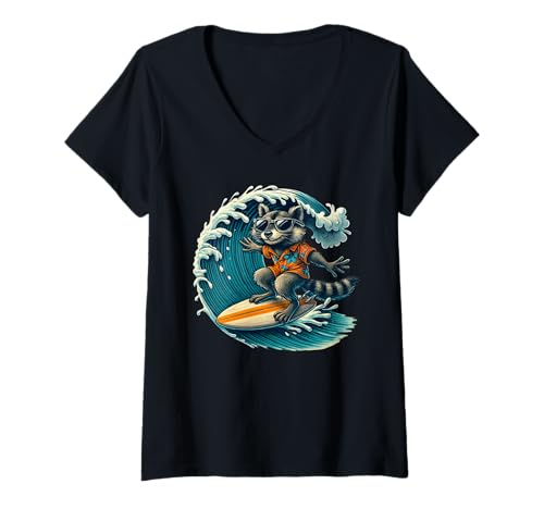 Damen Raccoon Wearing Sunglasses Surfing T-Shirt mit V-Ausschnitt Damen Raccoon Wearing Sunglasses Surfing T-Shirt mit V-Ausschnitt von Funny Raccoon Surfing Apparel