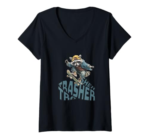 Damen Funny Skater Raccoon Trasher Skateboard Men Women Kids T-Shirt mit V-Ausschnitt Damen Funny Skater Raccoon Trasher Skateboard Men Women Kids T-Shirt mit V-Ausschnitt von Funny Raccoon Trasher Skateboard