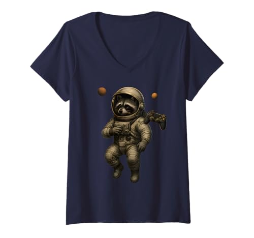 Damen Waschbär Astronaut im Weltraum spielt Videospiele Männer Frauen Kind T-Shirt mit V-Ausschnitt Damen Waschbär Astronaut im Weltraum spielt Videospiele Männer Frauen Kind T-Shirt mit V-Ausschnitt von Funny Raccoon Video Games Apparel For Kids Boys