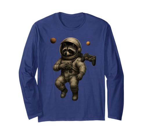 Waschbär Astronaut im Weltraum spielt Videospiele Männer Frauen Kind Langarmshirt von Funny Raccoon Video Games Apparel For Kids Boys