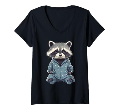 Damen Funny Raccoon Wearing Pajamas T-Shirt mit V-Ausschnitt von Funny Raccoon Wearing Pajamas Apparel