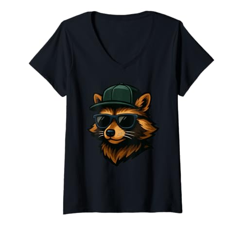Damen Funny Cool Raccoon Wearing Sunglasses Hat T-Shirt mit V-Ausschnitt von Funny Raccoon Wearing Sunglasses Apparel