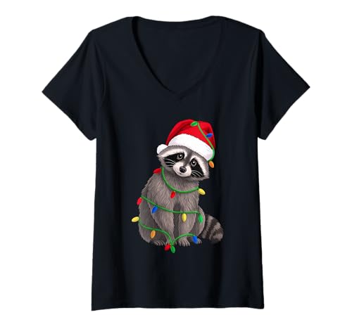 Damen Waschbär Weihnachtsbaum Lichter Urlaub Tierliebhaber T-Shirt mit V-Ausschnitt Damen Waschbär Weihnachtsbaum Lichter Urlaub Tierliebhaber T-Shirt mit V-Ausschnitt von Funny Raccoon Xmas Tree Animal Designs