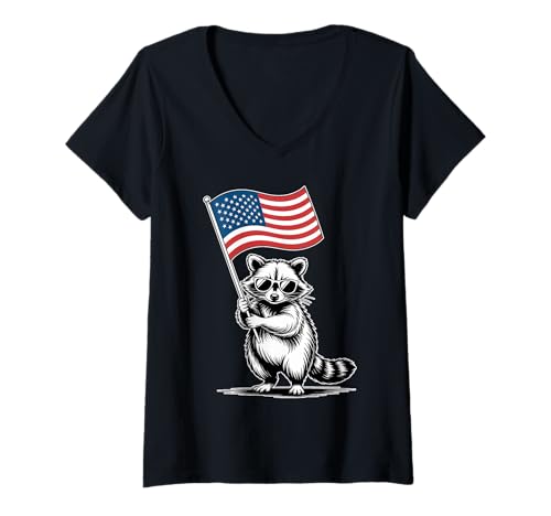Damen Funny Raccoon with American Flag T-Shirt mit V-Ausschnitt von Funny Raccoon with American Flag