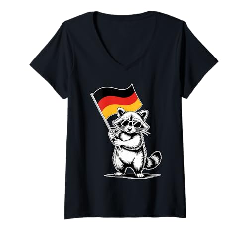 Damen Lustiges Waschbär mit Deutschland Flagge T-Shirt mit V-Ausschnitt Damen Lustiges Waschbär mit Deutschland Flagge T-Shirt mit V-Ausschnitt von Funny Raccoon with German Flag