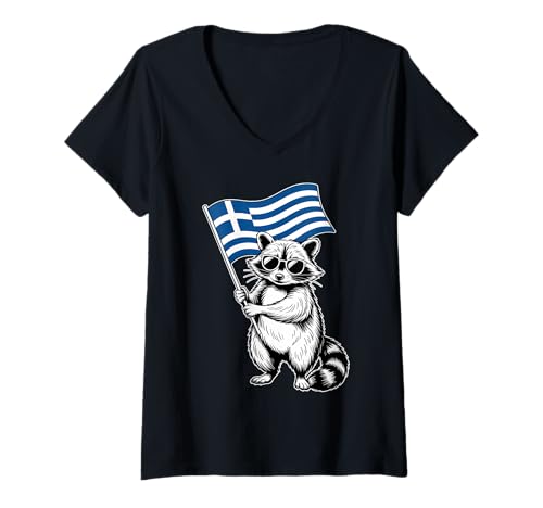 Damen Lustiges Waschbär mit Griechische Flagge T-Shirt mit V-Ausschnitt Damen Lustiges Waschbär mit Griechische Flagge T-Shirt mit V-Ausschnitt von Funny Raccoon with Greek Flag