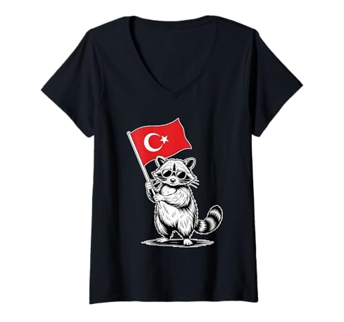 Damen Lustiges Waschbär mit Türkei Flagge T-Shirt mit V-Ausschnitt Damen Lustiges Waschbär mit Türkei Flagge T-Shirt mit V-Ausschnitt von Funny Raccoon with Turkish Flag