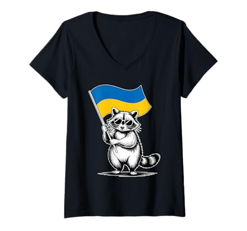 Damen Lustiges Waschbär mit Ukraine Flagge T-Shirt mit V-Ausschnitt Damen Lustiges Waschbär mit Ukraine Flagge T-Shirt mit V-Ausschnitt von Funny Raccoon with Ukrainian Flag
