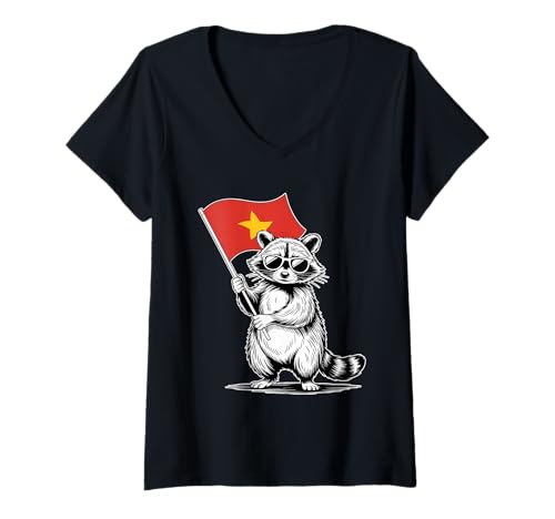 Damen Lustiges Waschbär mit Vietnam Flagge T-Shirt mit V-Ausschnitt Damen Lustiges Waschbär mit Vietnam Flagge T-Shirt mit V-Ausschnitt von Funny Raccoon with Vietnam Flag