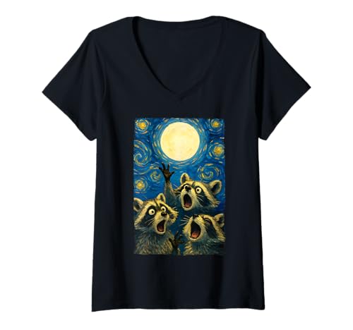 Damen Lustige Waschbären heulen am Mond Sternennacht Waschbär-Liebhaber T-Shirt mit V-Ausschnitt Damen Lustige Waschbären heulen am Mond Sternennacht Waschbär-Liebhaber T-Shirt mit V-Ausschnitt von Funny Raccoons Howling Moon The Starry Night Teens
