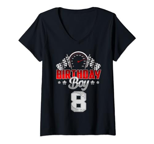 Damen Niedlicher 8. Geburtstag Junge 8 Jahre alt Rennauto Jungen Kinder T-Shirt mit V-Ausschnitt von Funny Race Car 8th Birthday Boy 8 Yrs Old