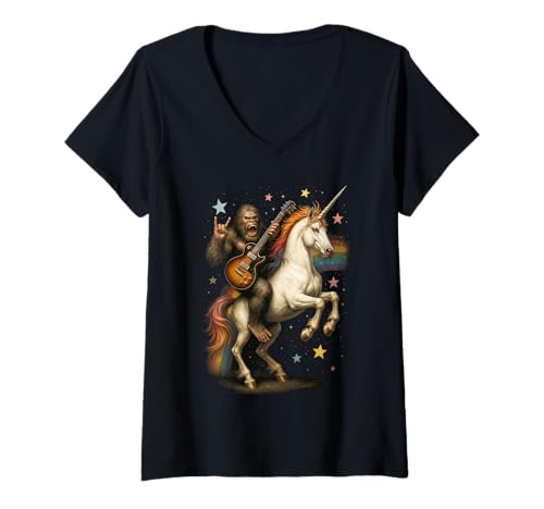 Damen Lustiger Bigfoot reitet EIN Regenbogen-Einhorn T-Shirt mit V-Ausschnitt Damen Lustiger Bigfoot reitet EIN Regenbogen-Einhorn T-Shirt mit V-Ausschnitt von Funny Rainbow Bigfoot Rocker