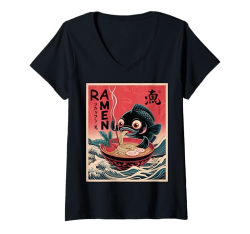 Damen Koi Fish Eat Ramen Graphic Japanese Wave Anime Style Kawaii T-Shirt mit V-Ausschnitt Damen Koi Fish Eat Ramen Graphic Japanese Wave Anime Style Kawaii T-Shirt mit V-Ausschnitt von Funny Ramen Japanese Gifts For Kids & Adults