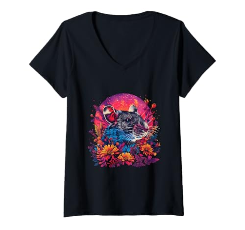 Damen Rattenbesitzer buntes Portraitmotiv Nager Haustier lustig Rattenliebhaber T-Shirt mit V-Ausschnitt von Funny Rats Pets Art