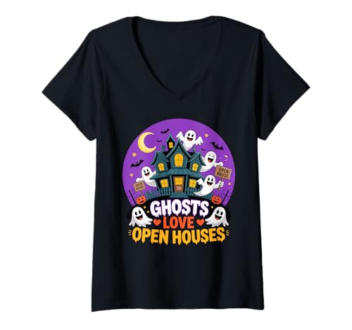 Damen Geister lieben Tage der offenen Tür Lustiges Makler-Halloween T-Shirt mit V-Ausschnitt von Funny Real Estate Halloween by NLTS