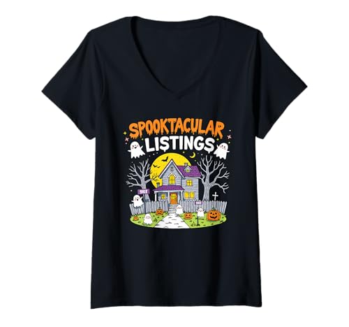 Damen Spooktacular Listings Lustiger Realtor Halloween T-Shirt mit V-Ausschnitt von Funny Real Estate Halloween by NLTS