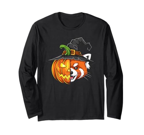 Roter Panda Kürbis Jack O Laterne Halloween Kinder Herren Damen Langarmshirt von Funny Red Panda Lovers Halloween Pumpkin Outfits