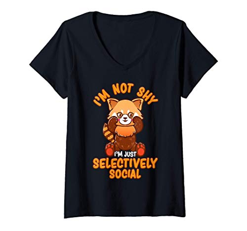 Damen Cute I'm Not Shy I'm Just Selectively Social Red Panda T-Shirt mit V-Ausschnitt von Funny Red Panda Quotes Puns and Gifts