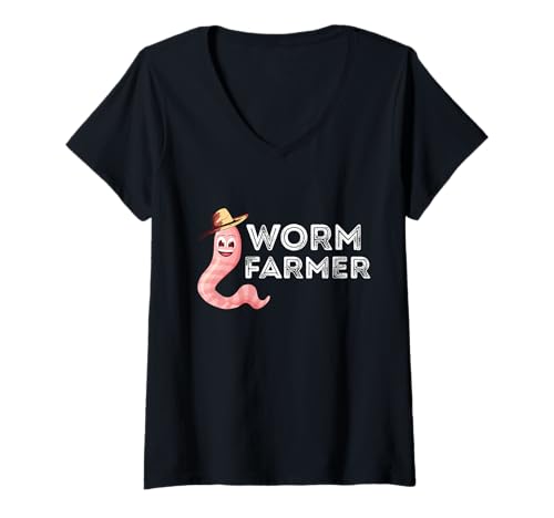 Damen Wurm Farmer Happy Worm Farmer Red Wiggler Wurm Garten T-Shirt mit V-Ausschnitt von Funny Red Wiggler Worm Farmer Farming