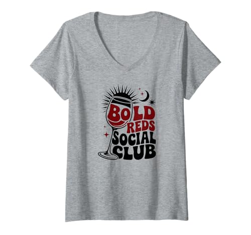 Damen Bold Reds Social Club, Mutter, Lehrerin, Krankenschwester, Weintrinkt T-Shirt mit V-Ausschnitt Damen Bold Reds Social Club, Mutter, Lehrerin, Krankenschwester, Weintrinkt T-Shirt mit V-Ausschnitt von Funny Red Wine Lovers Tasting Drinking