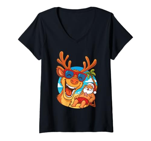 Damen Lustiges Rentier Selfie Weihnachtsmann Strand Weihnachten Tier Humor T-Shirt mit V-Ausschnitt Damen Lustiges Rentier Selfie Weihnachtsmann Strand Weihnachten Tier Humor T-Shirt mit V-Ausschnitt von Funny Reindeer Selfie Christmas in July Gifts