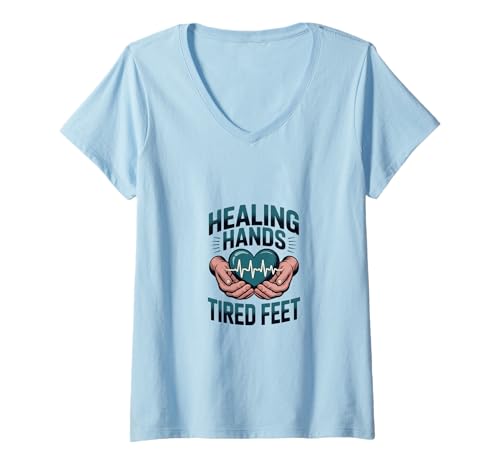 Damen Heilende Hände müde Füße Massage Therapeuten Zitat T-Shirt mit V-Ausschnitt Damen Heilende Hände müde Füße Massage Therapeuten Zitat T-Shirt mit V-Ausschnitt von Funny Relaxation Spa Quotes for Massage Therapists