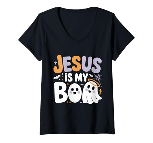 Damen Jesus ist Mein Boo, süßer christlicher Halloween-Geist, lustig T-Shirt mit V-Ausschnitt Damen Jesus ist Mein Boo, süßer christlicher Halloween-Geist, lustig T-Shirt mit V-Ausschnitt von Funny Religious Jesus Christian Halloween Apparel