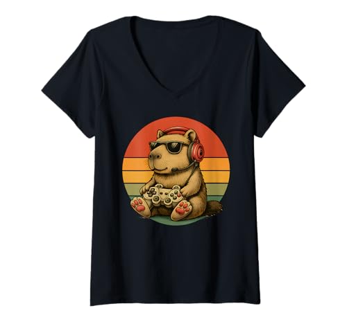 Damen Capybara Spielen Videospiele Vintage Lustig Capybara Gaming T-Shirt mit V-Ausschnitt Damen Capybara Spielen Videospiele Vintage Lustig Capybara Gaming T-Shirt mit V-Ausschnitt von Funny Retro Capybara Playing Video Games Apparel