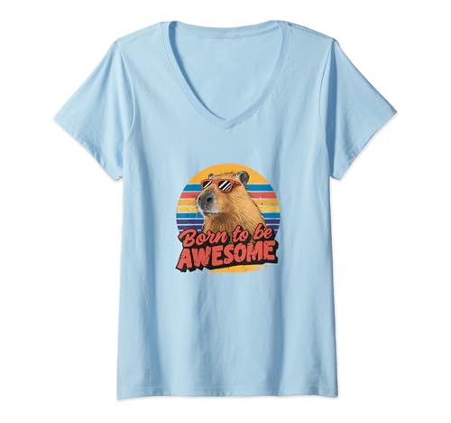 Damen Born To Be Awesome Nagetier Funny Retro Capybara in Sonnenbrille T-Shirt mit V-Ausschnitt Damen Born To Be Awesome Nagetier Funny Retro Capybara in Sonnenbrille T-Shirt mit V-Ausschnitt von Funny Retro Capybara in Sunglasses tshirts