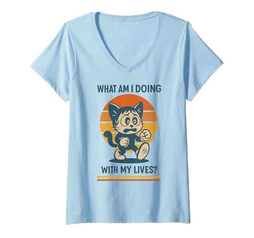 Damen was Mache ich mit Meinem Leben? Vintage Cat Humor T-Shirt mit V-Ausschnitt Damen was Mache ich mit Meinem Leben? Vintage Cat Humor T-Shirt mit V-Ausschnitt von Funny Retro Cartoon Cat Lover Apparel