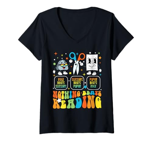 Damen Nichts geht über Reading Rock Paper Scisor Reading Book Lover T-Shirt mit V-Ausschnitt Damen Nichts geht über Reading Rock Paper Scisor Reading Book Lover T-Shirt mit V-Ausschnitt von Funny Retro Groovy Reader Reading Book Lover Gifts