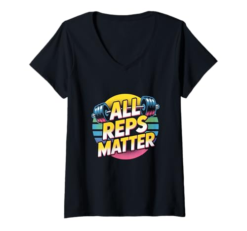 Damen Lustiger Workout-Text, lustig für Fitnessstudios, alle Wiederholungen sind wichtig T-Shirt mit V-Ausschnitt von Funny Retro Gym Shirt All Reps Matter Shirt