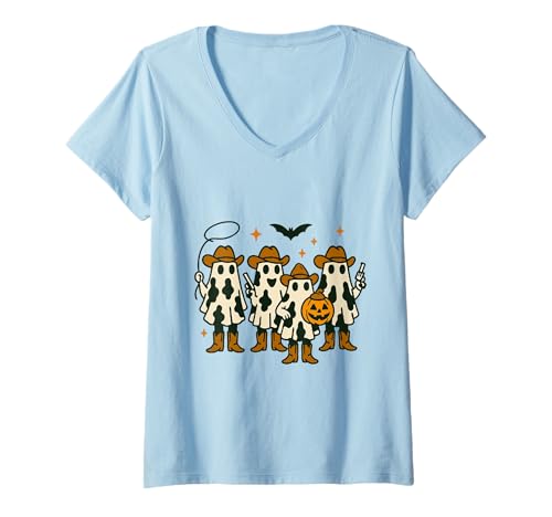 Damen Cowboy Ghost Halloween Ghoul Design Lustiges Cowgirl Cowboy T-Shirt mit V-Ausschnitt von Funny Retro Halloween Cowgirl Cowboy Ghost Western
