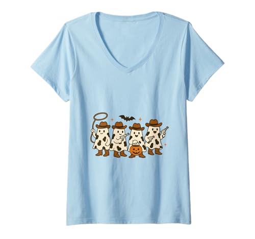 Damen Cowboy Ghost Halloween Ghoul Design Lustiges Cowgirl Cowboy T-Shirt mit V-Ausschnitt von Funny Retro Halloween Cowgirl Cowboy Ghost Western