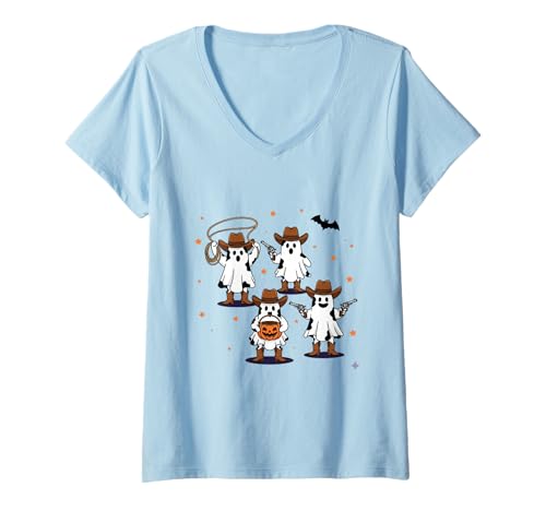 Damen Cowboy Ghost Halloween Ghoul Design Lustiges Cowgirl Cowboy T-Shirt mit V-Ausschnitt von Funny Retro Halloween Cowgirl Cowboy Ghost Western