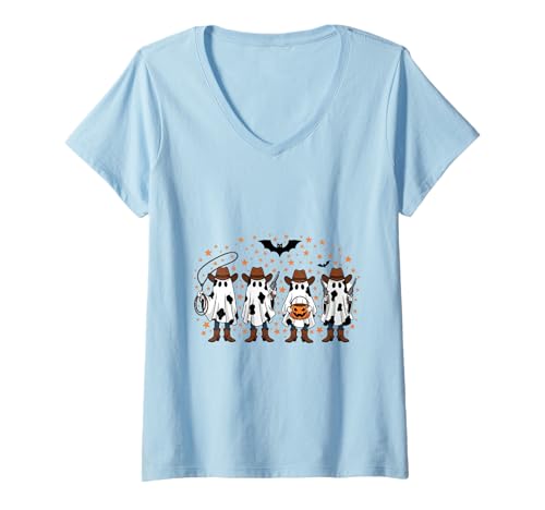 Damen Cowboy Ghost Halloween Ghoul Design Lustiges Cowgirl Cowboy T-Shirt mit V-Ausschnitt von Funny Retro Halloween Cowgirl Cowboy Ghost Western